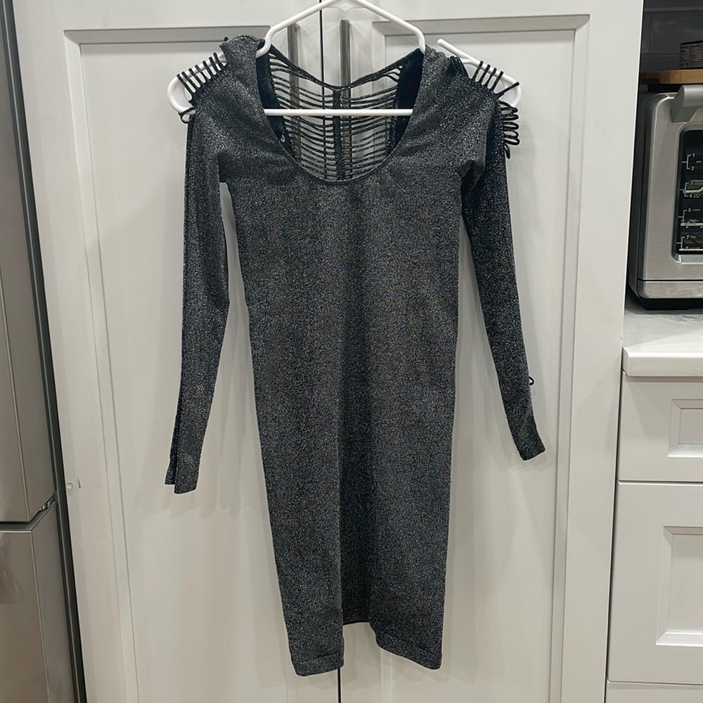 Bebe dress: Metallic, sparkly, charcoal. tight/bodycon dress. stretchy fabric.